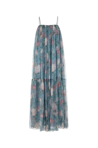 Chloé Chloe Women Long Dress Peonies Print On Organic Silk Mousseline In Blue