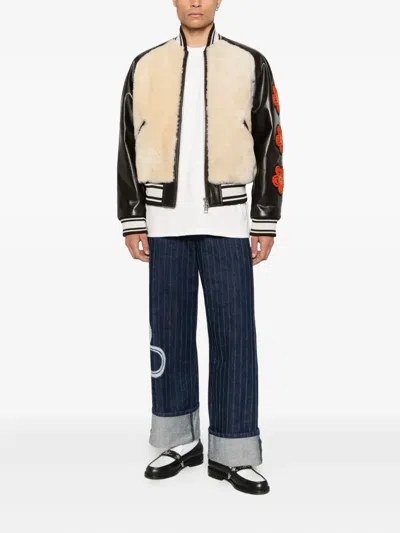 Kenzo Beige Shearling-effect And Brown Leather Bomber Jacket In Neutral
