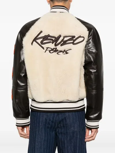 Kenzo Beige Shearling-effect And Brown Leather Bomber Jacket In Neutral