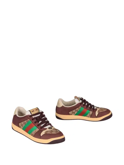 Gucci Leather And Gg Sneakers With Side Stripes In Brown