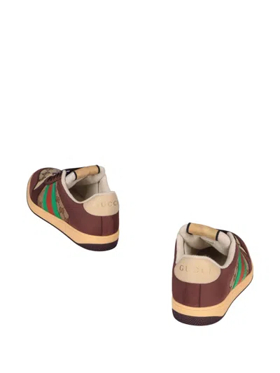Gucci Leather And Gg Sneakers With Side Stripes In Brown