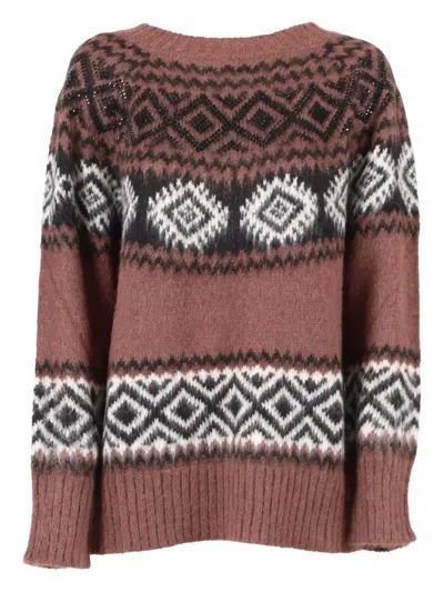Ermanno Scervino Ribbed Knit Sweater With Classic Round Neckline In Brown