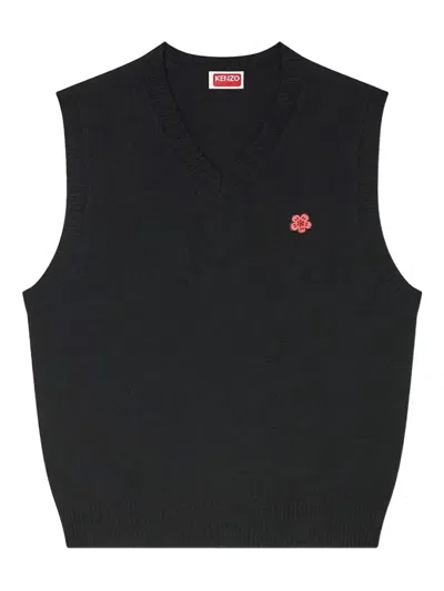 Kenzo Embroidered-flower Sleeveless Wool Vest In Black