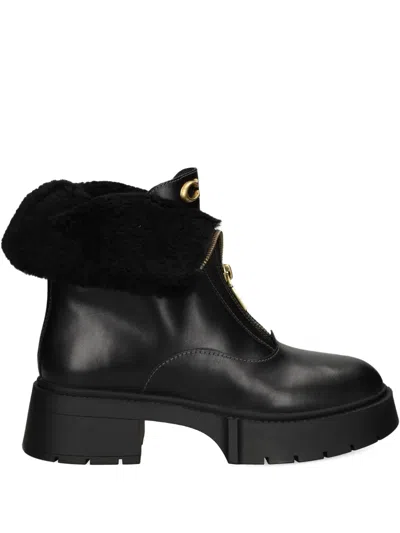 Coach Leah Black Leather Front Zip Platform Boots In Black