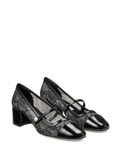 Jimmy Choo Elisa Pumps Block Heel Lace Overlay Pearls In Black