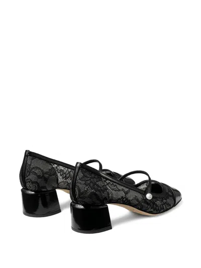 Jimmy Choo Elisa Pumps Block Heel Lace Overlay Pearls In Black