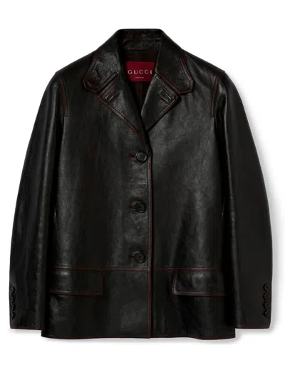 Gucci Women Black Jacket With Classic Lapels And Distressed Effect In Leather Woman In Black