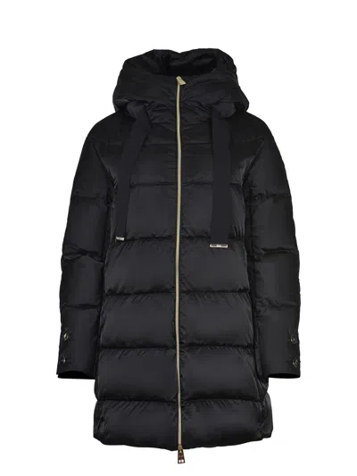 Herno Horizontal Quilted Black Puffer Coat With High Collar And Drawstrings In Blue