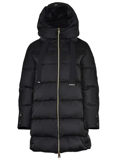 Herno Horizontal Quilted Black Puffer Coat With High Collar And Drawstrings In Blue