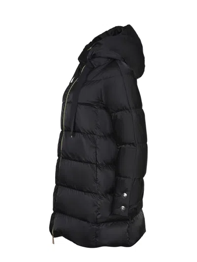 Herno Horizontal Quilted Black Puffer Coat With High Collar And Drawstrings In Blue