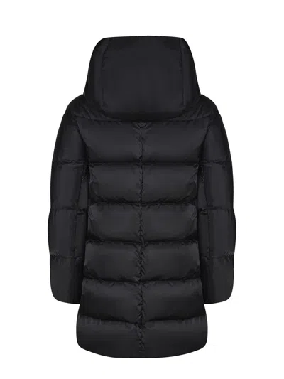 Herno Horizontal Quilted Black Puffer Coat With High Collar And Drawstrings In Blue