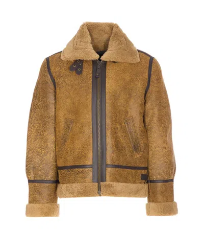 Schott Adjustable Strap Shearling Jacket Pockets In Animal Print