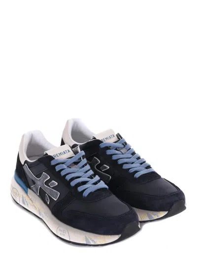 Premiata Layered White And Grey Sneakers With Sculpted Sole In Blue