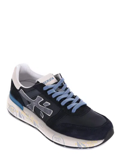 Premiata Layered White And Grey Sneakers With Sculpted Sole In Blue