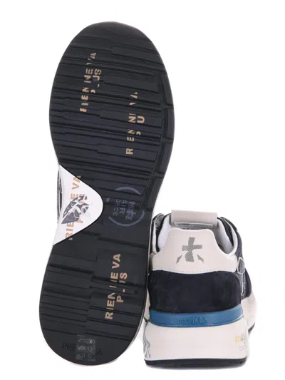 Premiata Layered White And Grey Sneakers With Sculpted Sole In Blue
