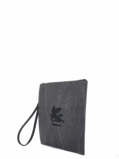 Etro Clutch Bag In Coated Cotton Canvas In Gray