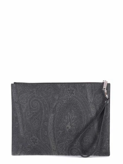 Etro Clutch Bag In Coated Cotton Canvas In Gray