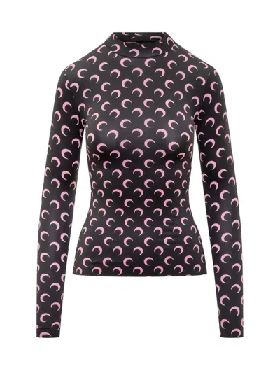 Marine Serre Moon Printed Jersey Long Sleeve Crewneck Top In Black