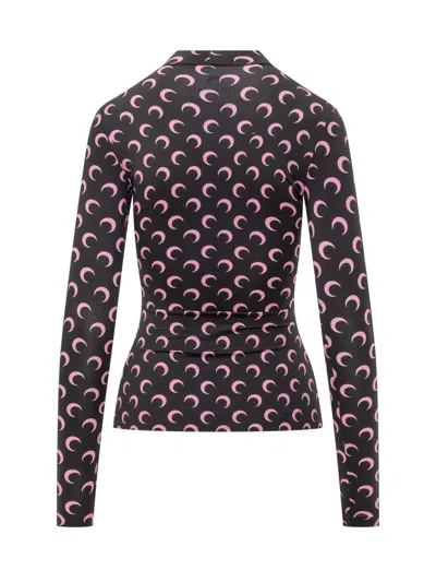 Marine Serre Moon Printed Jersey Long Sleeve Crewneck Top In Black