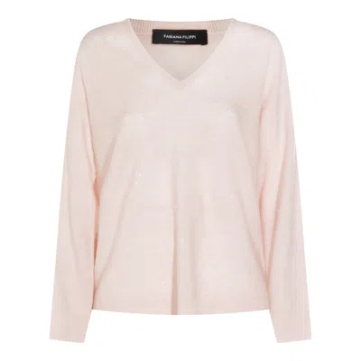 Fabiana Filippi Sparkling V-neck Long Sleeve Knitwear In Pink