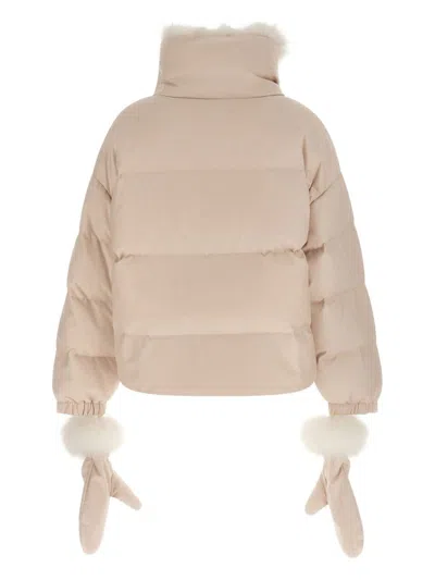 Yves Salomon Doudoune 66 Down Jacket With Fur Collar And Gloves In Neutral