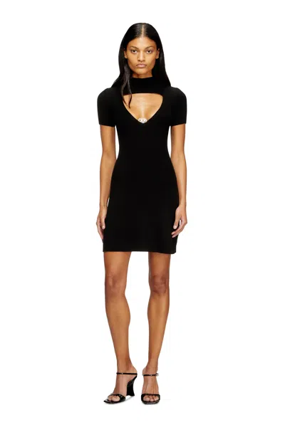 Diesel Cut-out Short Dress In Ribbed Wool Knit In Black