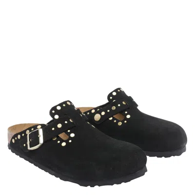 Birkenstock Boston Rivet Border Black Suede Leather Clogs In Black