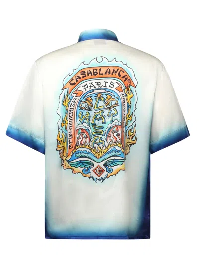 Casablanca White Shirt With Cuban Collar And Maxi Logo Printed On The Back In White