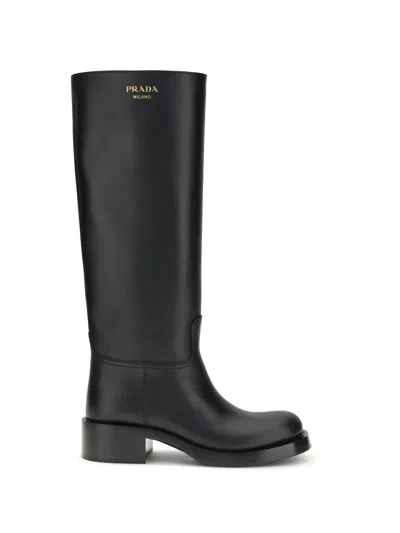 Prada Knee-high Leather Block Heel Boots In Black