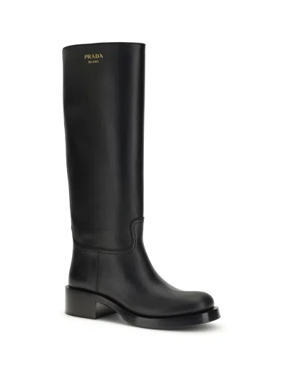 Prada Knee-high Leather Block Heel Boots In Black