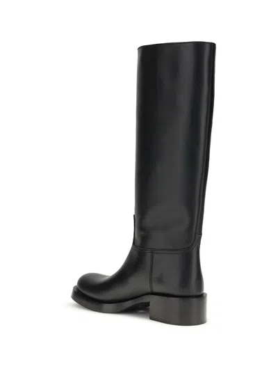 Prada Knee-high Leather Block Heel Boots In Black
