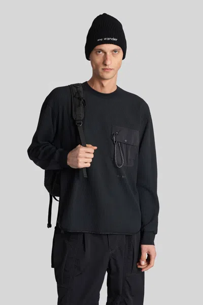 And Wander Textured Plush Black Casual Jacket With Stand Collar In Black