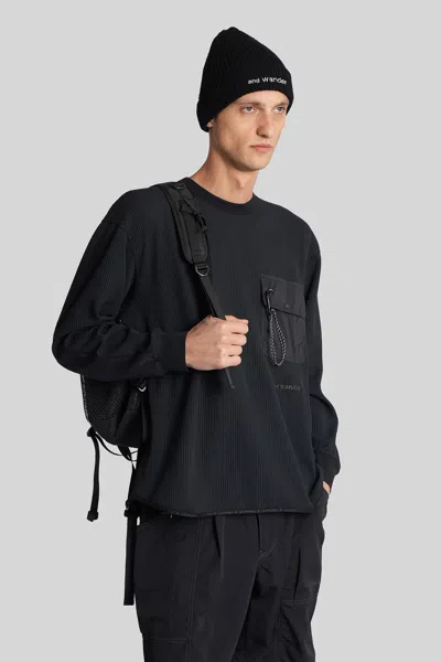 And Wander Textured Plush Black Casual Jacket With Stand Collar In Black