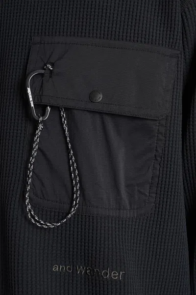 And Wander Textured Plush Black Casual Jacket With Stand Collar In Black