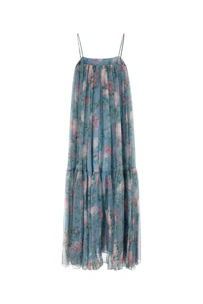 Chloé Chloe Women Long Dress Peonies Print On Organic Silk Mousseline In Blue
