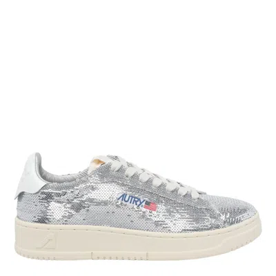 Autry Dallas Low Sparkling Sneakers In Silver And White Sequins Shoes In Animal Print