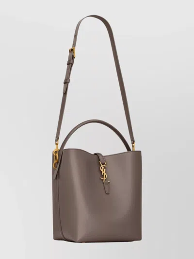 Saint Laurent Shiny Leather Shoulder Bag With Top Handle In Gray