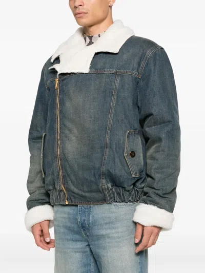 Balmain Shearling Collar Buttoned Pocket Jacket In Blue