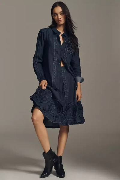 Pilcro Long-sleeve Rosette Denim Buttondown Shirt In Blue