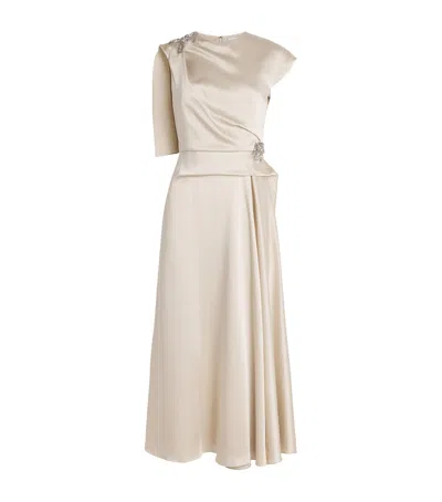 Erdem Asymmetric Crystal-embellished Draped Satin Dress In Neutral