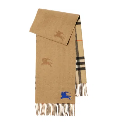 Burberry Tan Reversible Ekd Check Cashmere Scarf In Brown