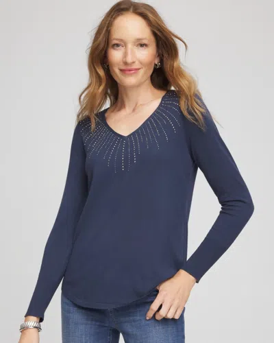 Chico's Ella Embellished V-neck Sweater In Indigo Sky In Blue