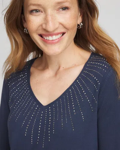 Chico's Ella Embellished V-neck Sweater In Indigo Sky In Blue