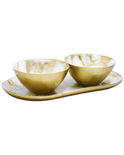 Alice Pazkus Marbleized 2-bowl Relish Dish In Gold