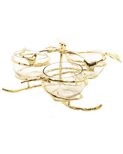 Alice Pazkus Leaf 3 Bowl Relish Dish With Glass Inserts In Gold