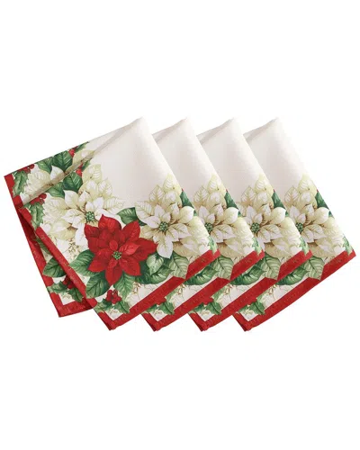 Elrene Home Fashions Set Of 4 Red & White Poinsettias Napkins In White