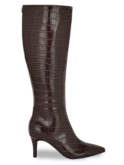 Guess Women's Wayla 75mm Croc-embossed Knee-high Boots In Brown