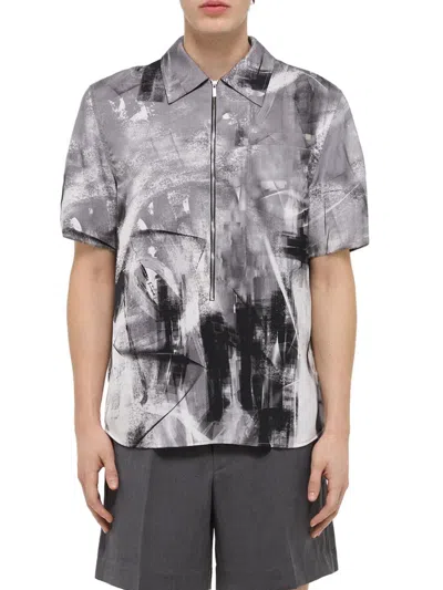 Helmut Lang Men's Abstract Print Zip-front Shirt In Gray