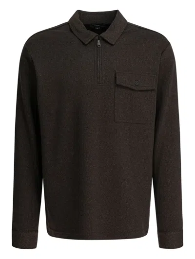 Vince Herringbone Zipped Pocket Polo Shirt In Brown