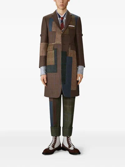 Thom Browne Hunting Tweed Patchwork Coat In Brown